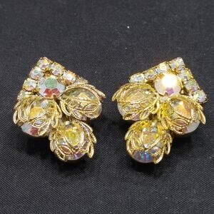 Aurora Borealis Rhinestone Clip Earrings Gold Filigree 1960s Vintage Jewelry